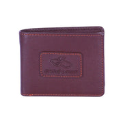 Chris Louis brown bi-fold wallet made of genuine veg-tan leather with orange stitching and embossed logo.