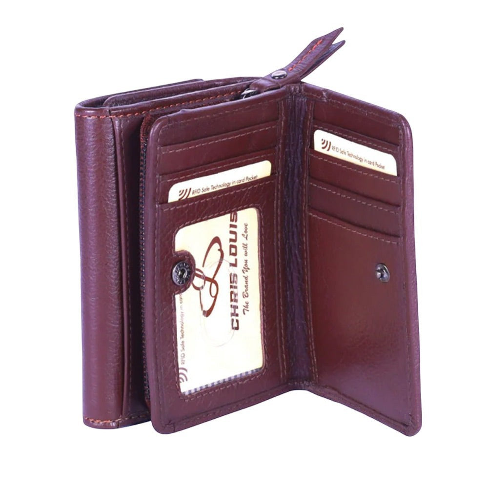 Chris Louis brown genuine leather tri-fold wallet with snap closure, 16 card slots, ID window, and zip coin pocket.