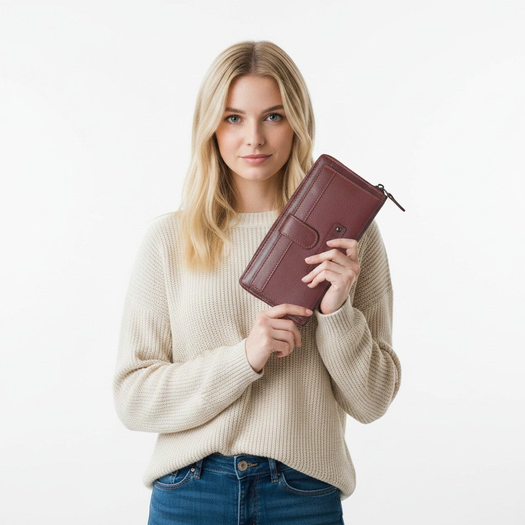Chris Louis genuine leather zip-around wallet in warm brown with contrast stitching and snap pocket.