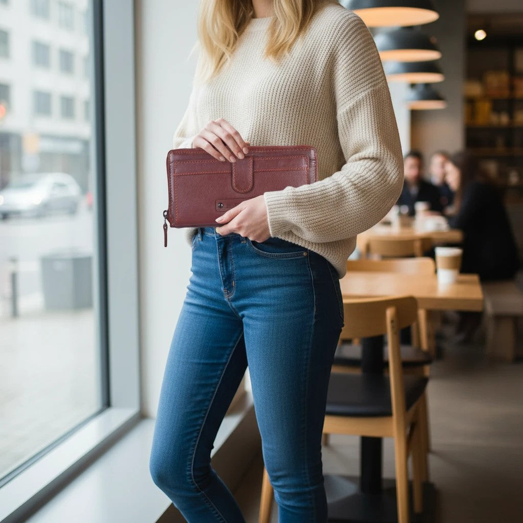 Chris Louis genuine leather zip around wallet in warm brown with contrast stitching and snap pocket.
