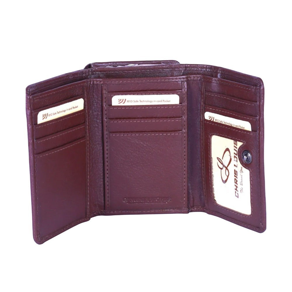 Chris Louis brown genuine leather tri-fold wallet with RFID protection, 16 card slots, ID window, zip coin pocket, and note compartment.