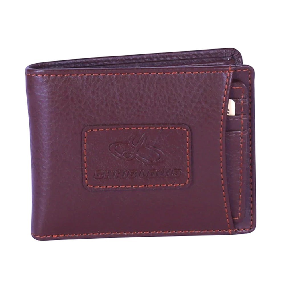 Chris Louis brown bi-fold genuine leather wallet with removable card holder and orange stitching.