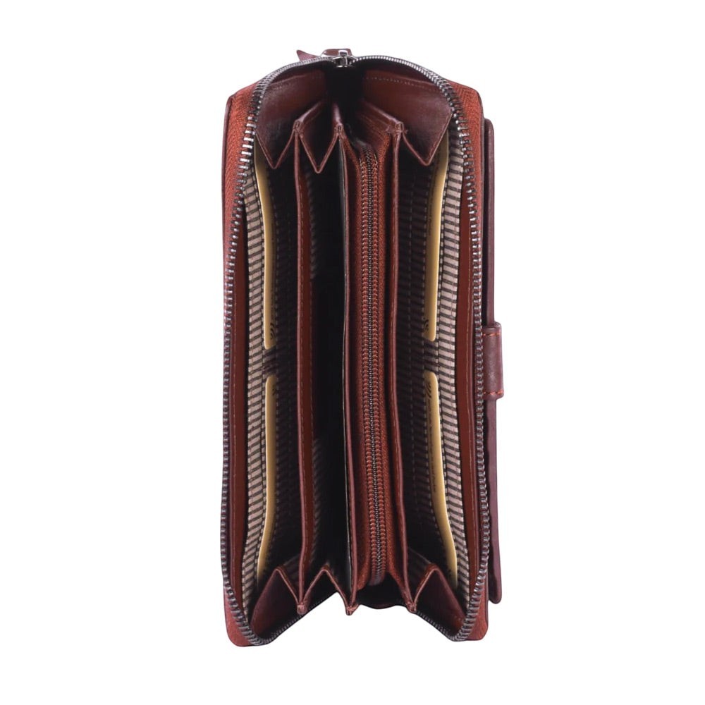 Chris Louis brown genuine leather zip-around ladies wallet with 26 card slots, 4 slip pockets, 3 note compartments, and a zippered coin section.