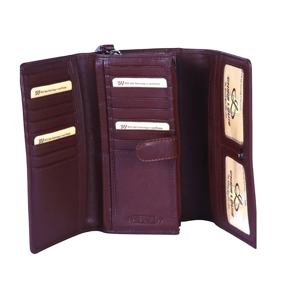 Chris Louis deep brown genuine leather clutch wallet with multiple card slots and RFID protection.
