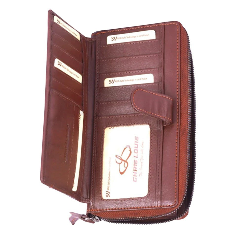 Chris Louis brown genuine leather zip-around RFID protected ladies wallet with 26 card slots, ID window, and coin zipper.