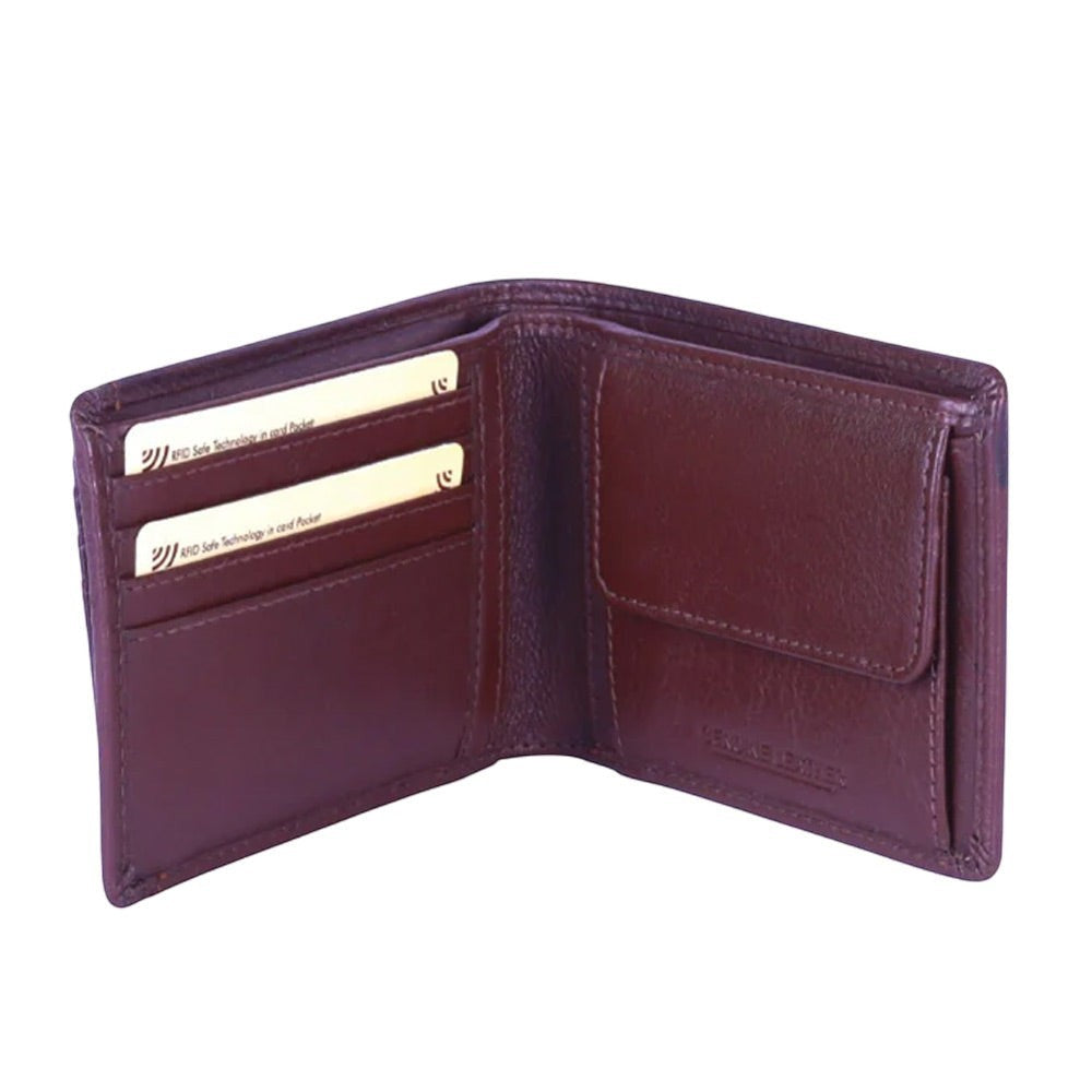 Chris Louis brown genuine leather bi-fold wallet with coin pocket and RFID protection.