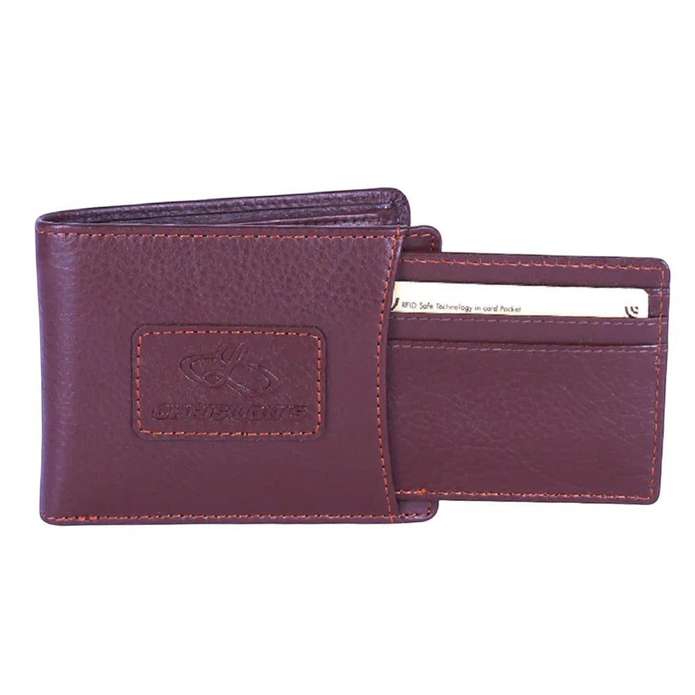 Chris Louis brown bi-fold genuine leather wallet with removable card holder and RFID protection.