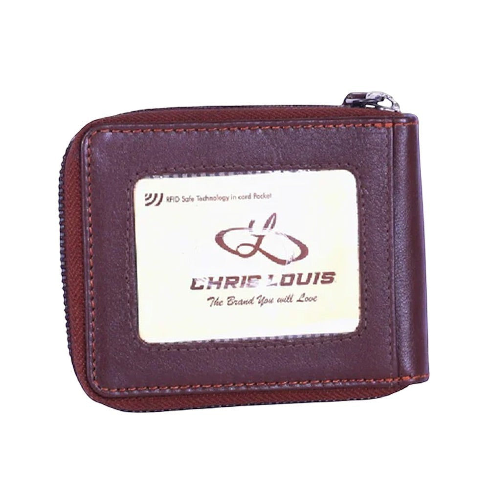Chris Louis brown leather bifold wallet with zip-around closure and RFID safe technology. Features a clear ID window and embossed logo.