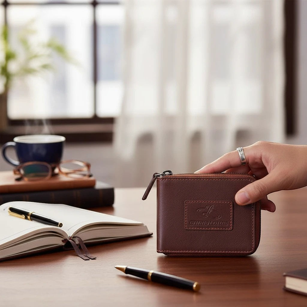 Chris Louis brown genuine leather bifold wallet with RFID blocking technology and zip-around closure.