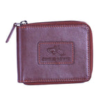 Chris Louis brown leather zip-around wallet with RFID blocking technology and embossed logo.