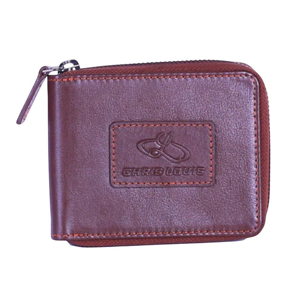 Chris Louis brown leather zip-around wallet with RFID blocking technology and embossed logo.