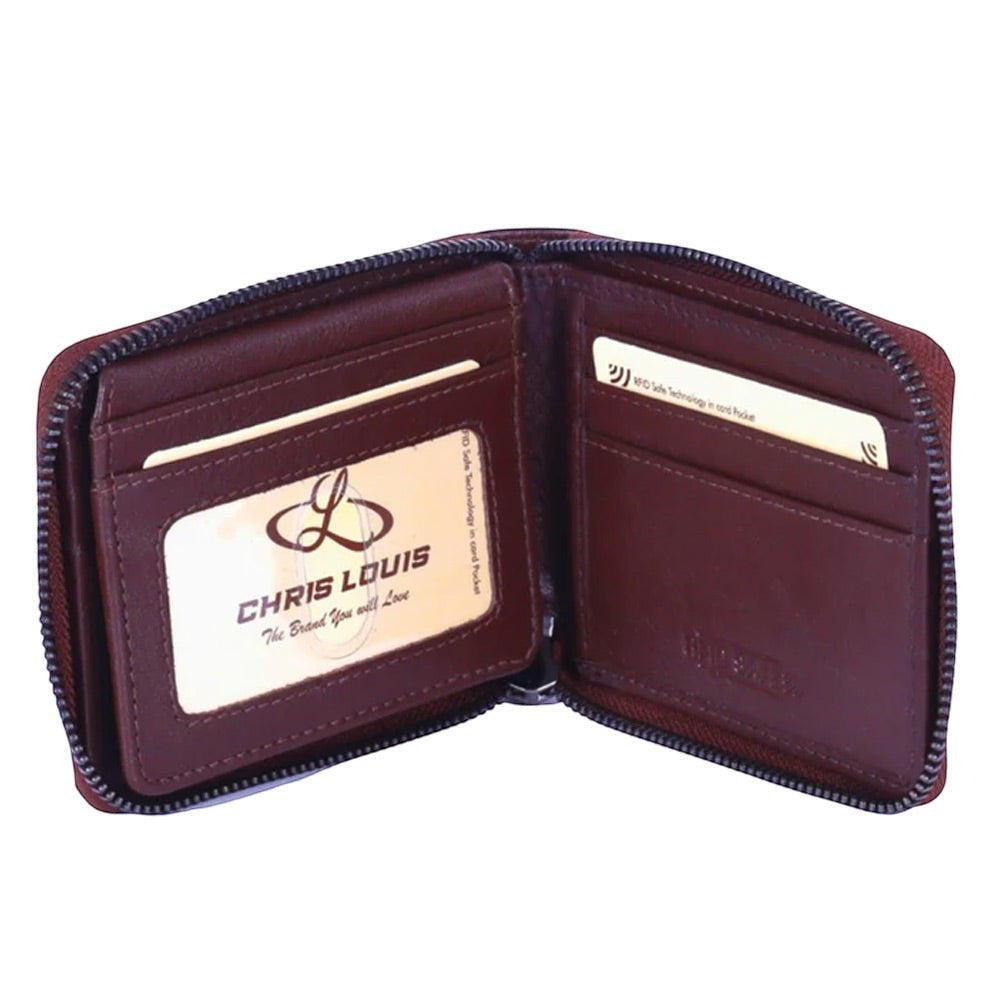 Chris Louis brown leather bifold wallet with RFID safe technology, zip-around closure, multiple card slots, and ID window.