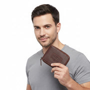 Chris Louis brown genuine leather bifold wallet with RFID blocking technology and zip-around closure.