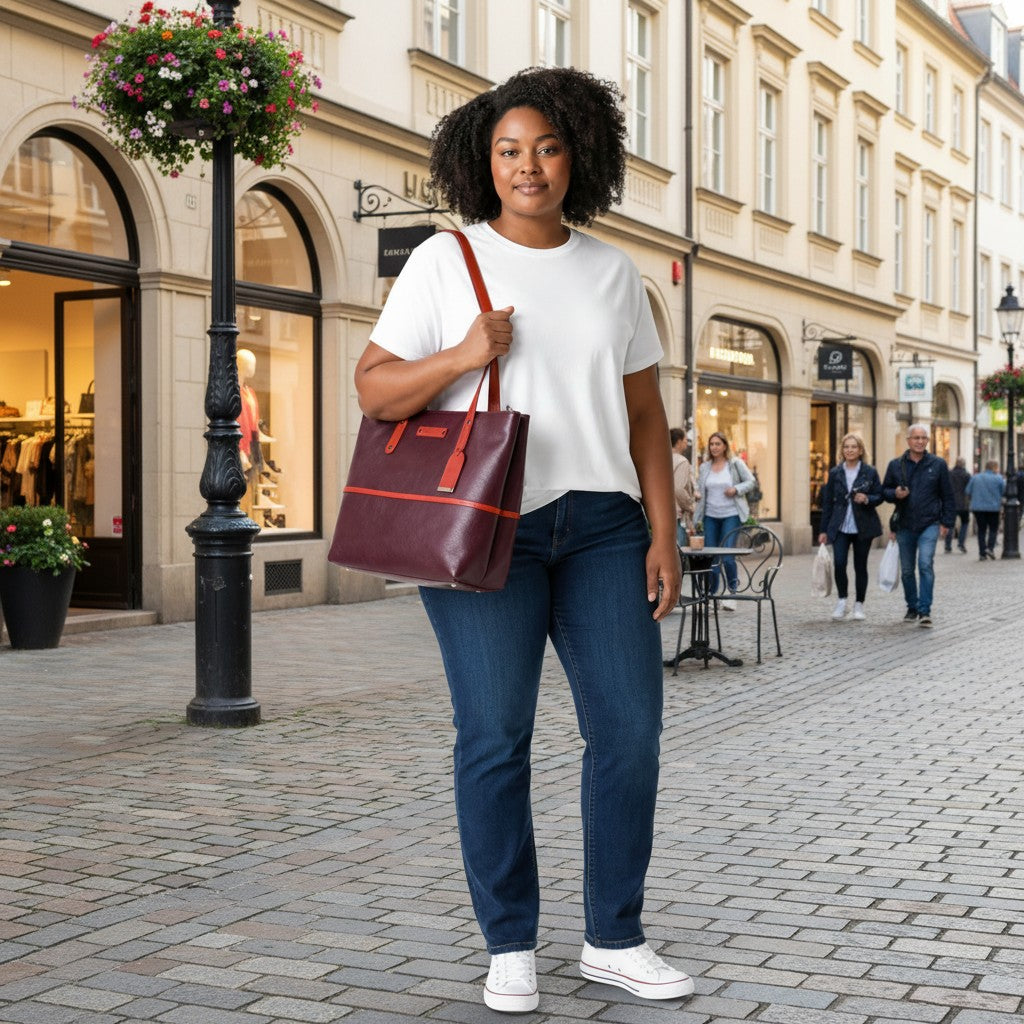 Chris Louis burgundy leather tote bag with red straps, worn by a woman in a white t-shirt and jeans.