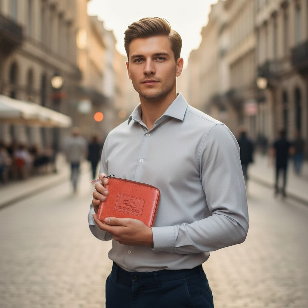 Chris Louis coral orange leather zip-around wallet with RFID blocking technology held by a woman on a city street.