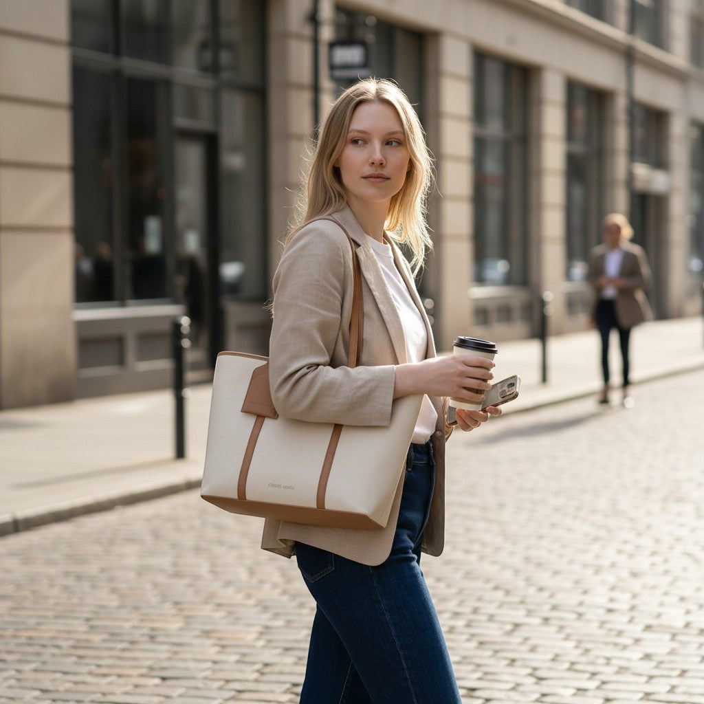 Chris Louis Diana Large Tote Bag in cream and tan polyurethane with top grab handles and magnetic closure.