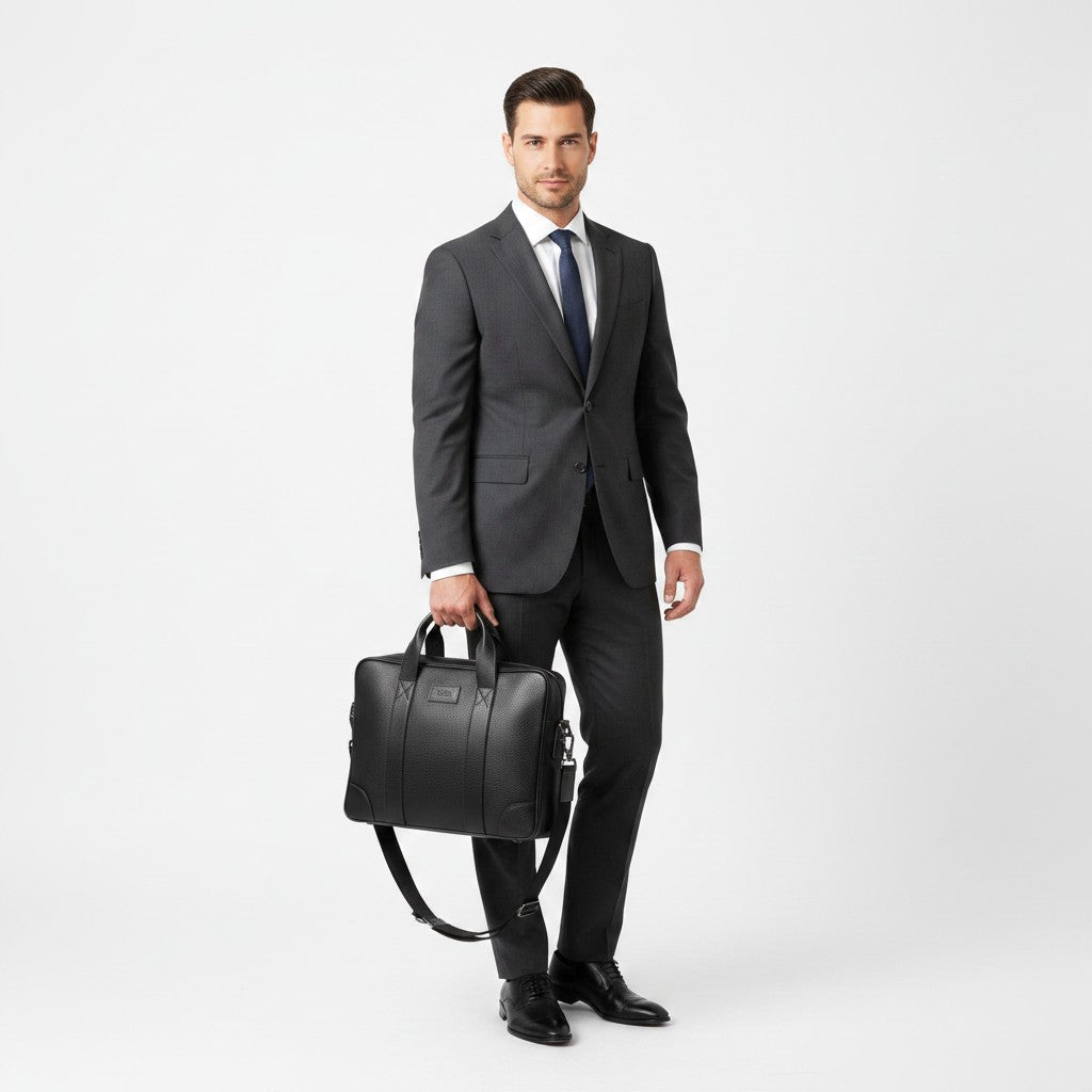 Chris Louis Difa black full grain leather office bag with top handles and detachable strap, carried by a woman in a blazer.