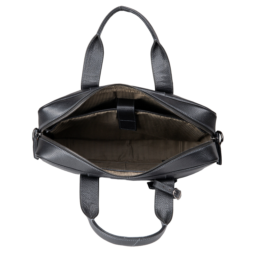Chris Louis Difa black full grain leather office bag with top handles and multiple compartments.
