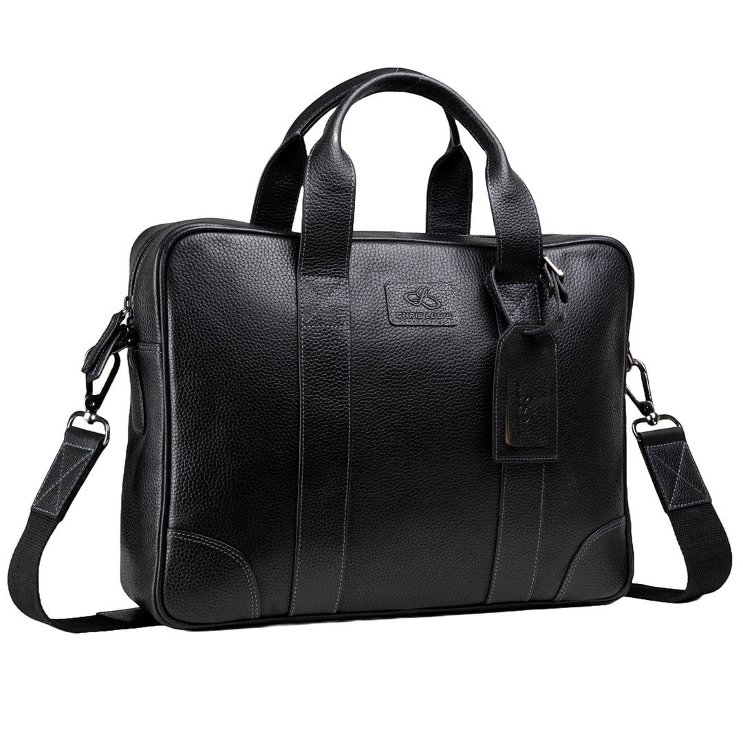 Chris Louis Difa black full grain leather office bag with top handles and detachable shoulder strap.