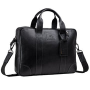 Chris Louis Difa black full grain leather office bag with top handles and detachable shoulder strap.