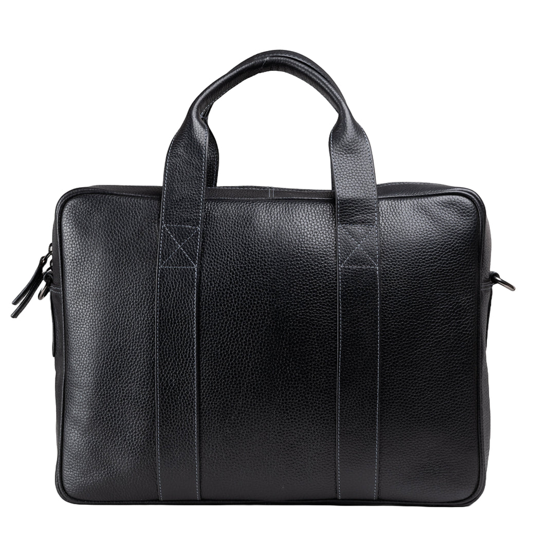 Chris Louis Difa black full grain genuine leather office bag with top handles and laptop compartment.