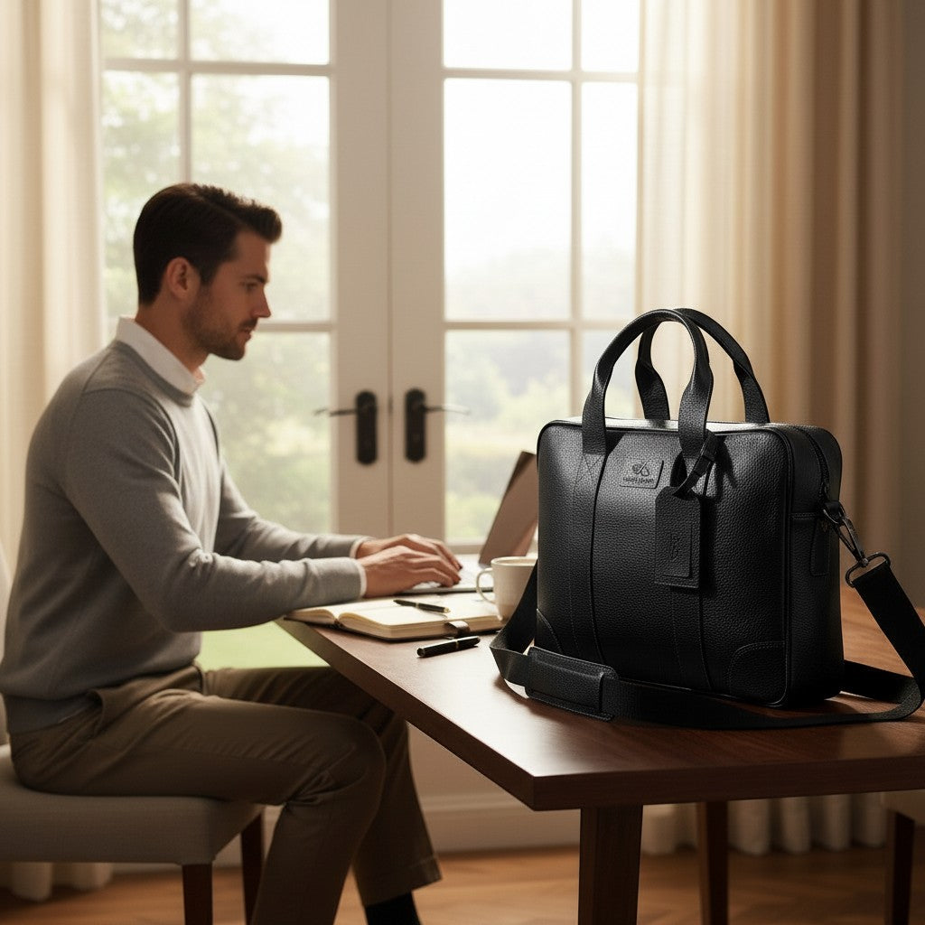 Chris Louis Difa black full grain leather office bag with top handles and detachable strap, laptop compartment.