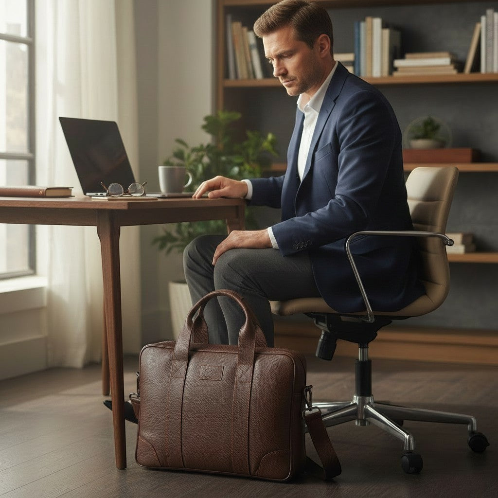Chris Louis Difa brown full grain leather office bag with top handles and adjustable strap, laptop compartment.
