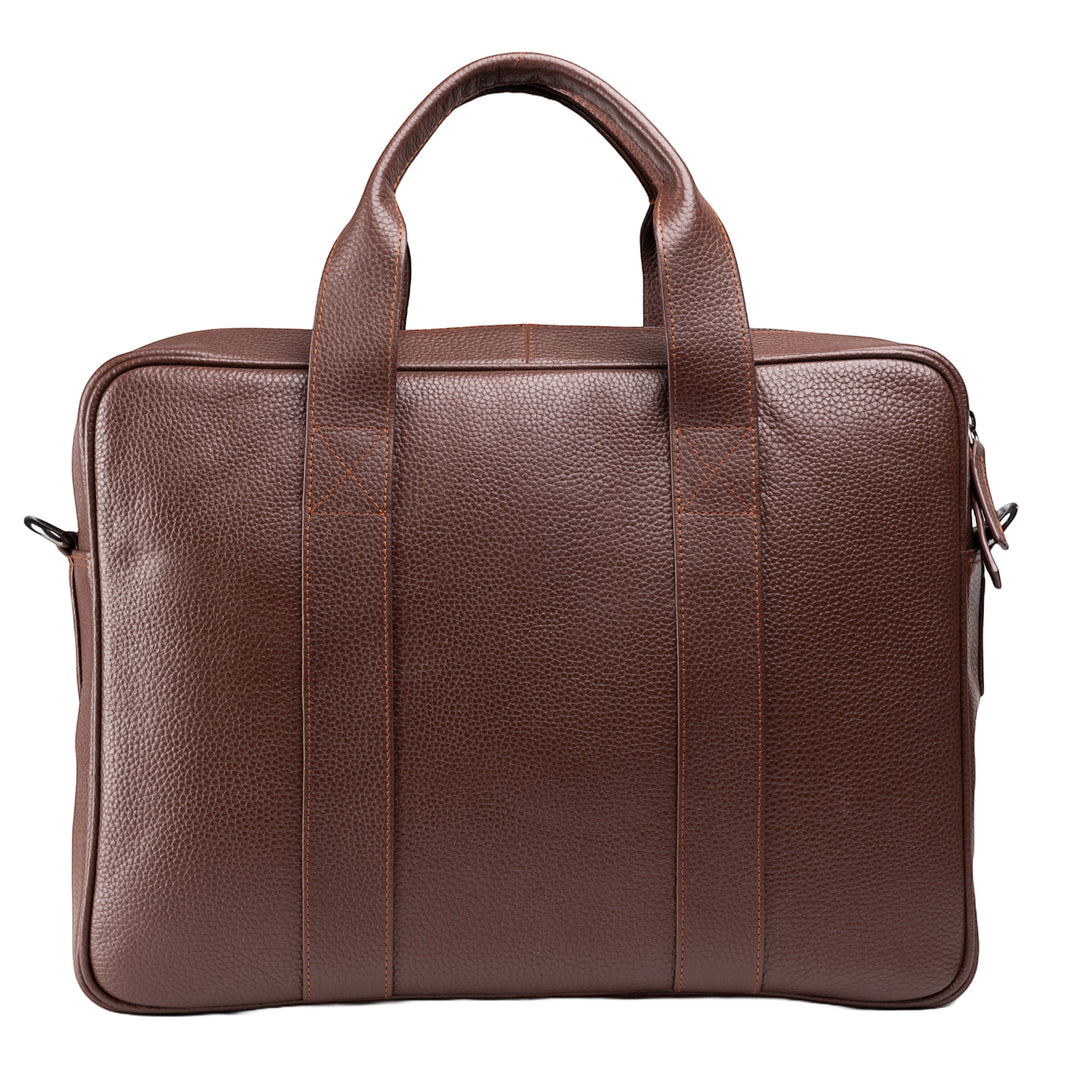 Chris Louis Difa brown full grain leather office bag with top handles and laptop compartment.