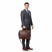 Chris Louis Difa brown full grain genuine leather office bag with top handle and detachable strap. Features laptop compartment.
