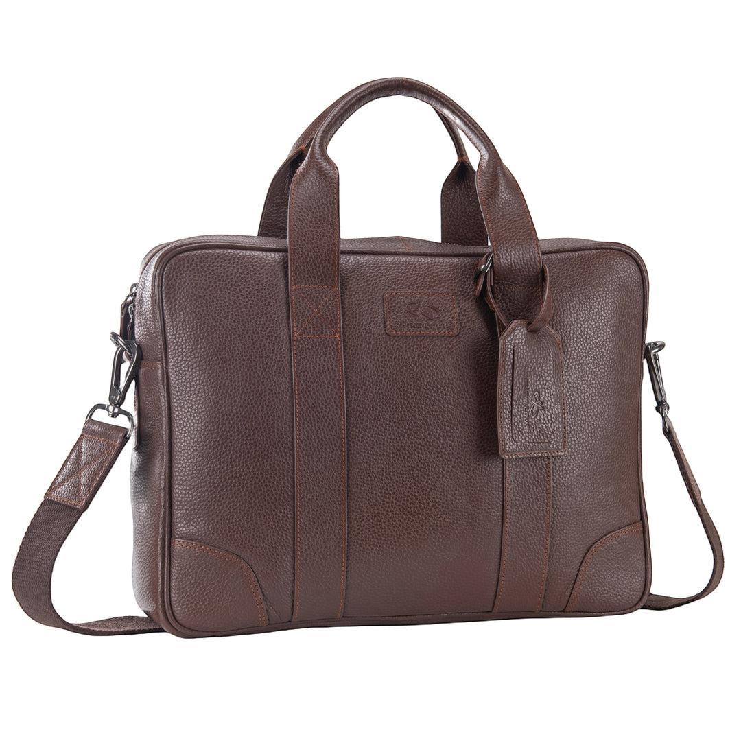 Chris Louis Difa brown full grain leather office bag with top handles and detachable shoulder strap.