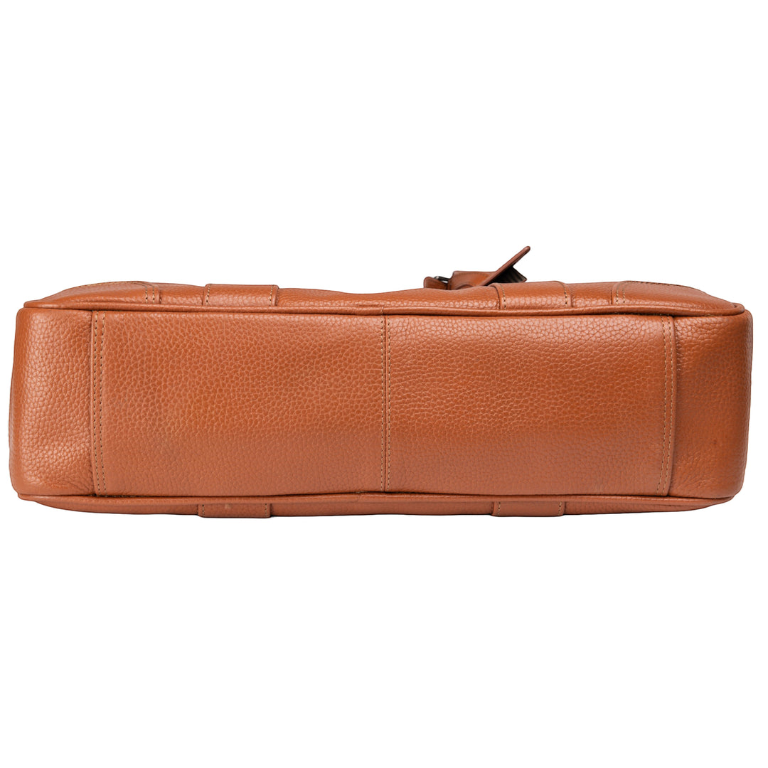 Chris Louis Difa men's tan full grain genuine leather office bag with top handle and metal hardware.