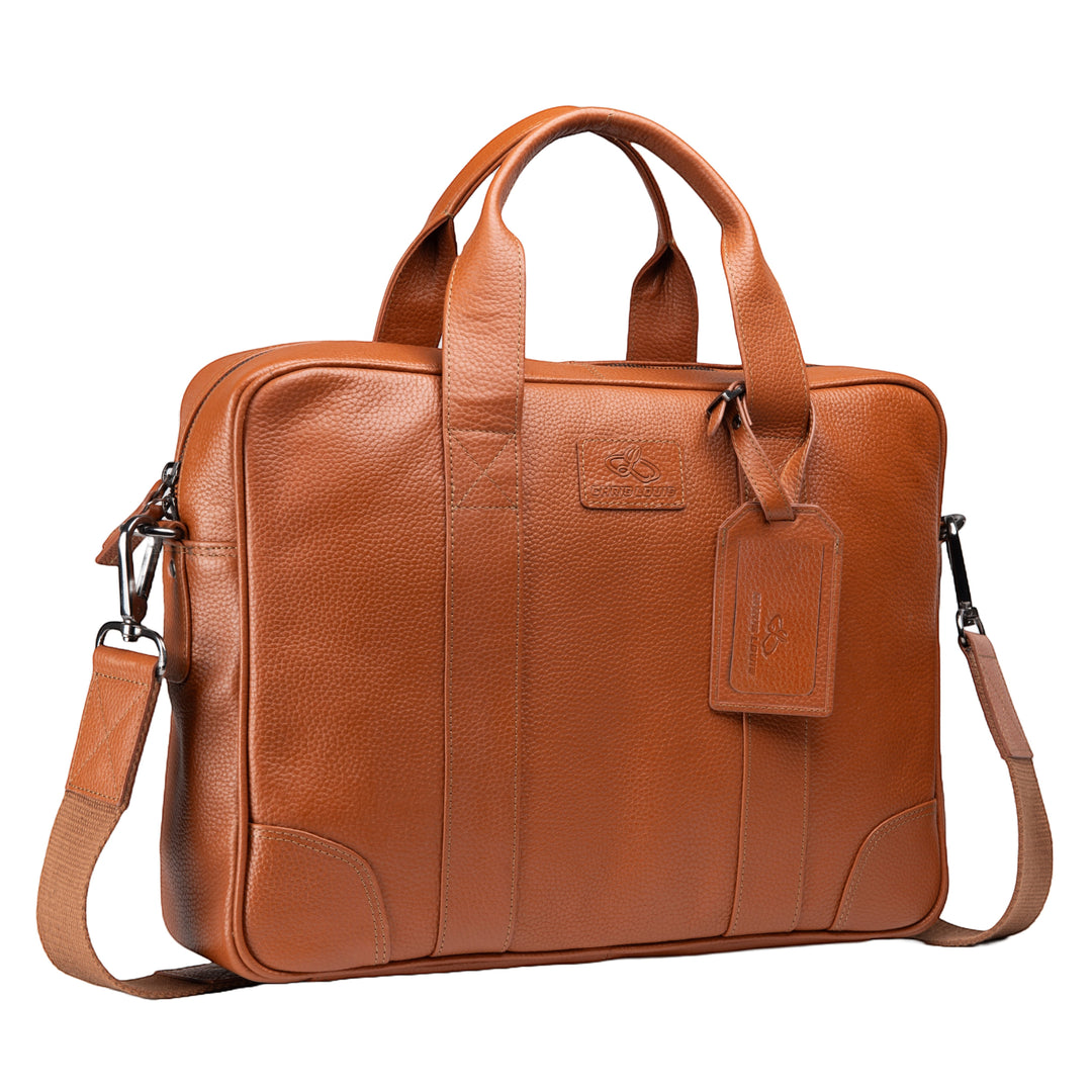 Chris Louis Difa Men's Tan Full Grain Genuine Hide Leather Office Bag with laptop compartment and metal hardware.