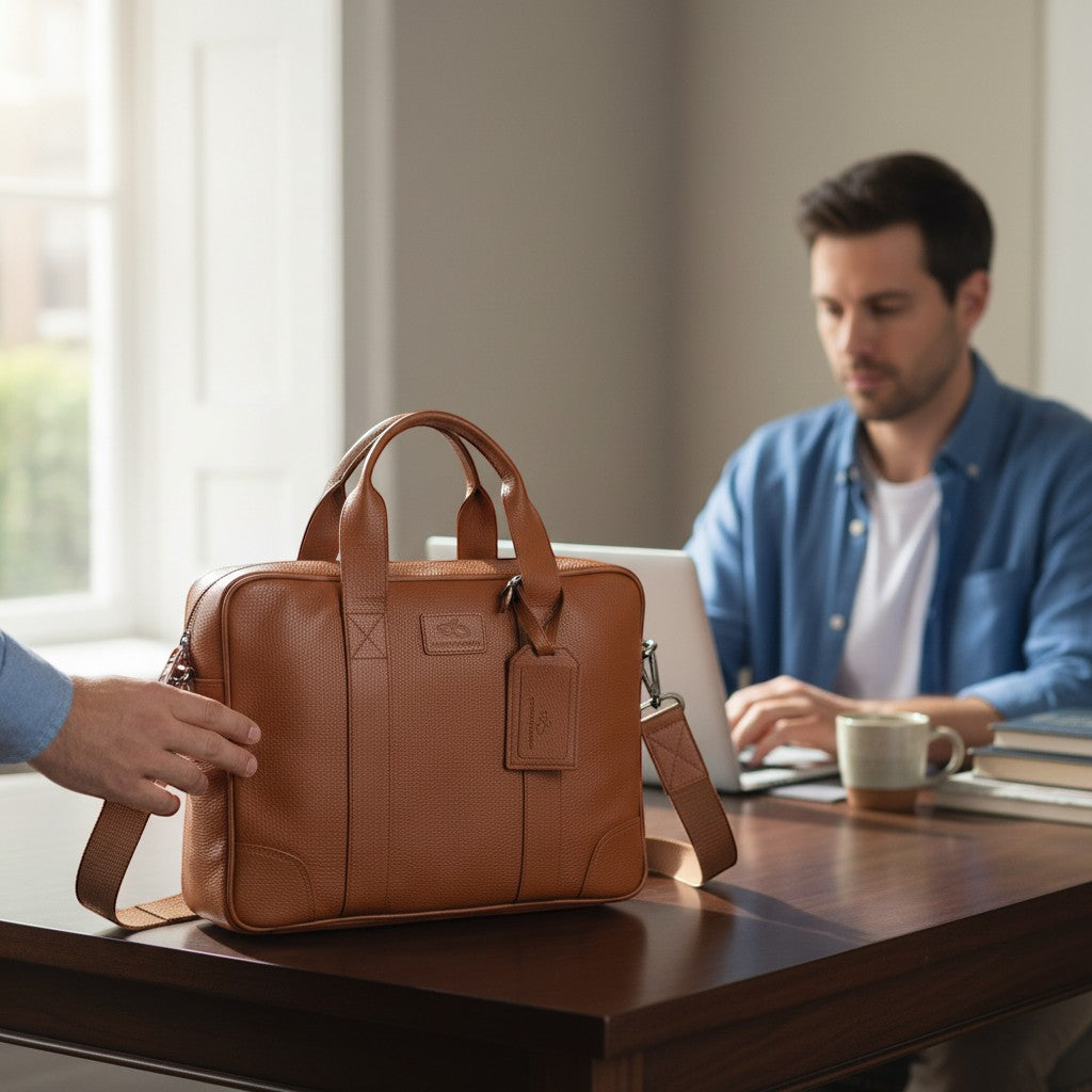 Chris Louis Difa tan full grain leather office bag with top handles and detachable shoulder strap, suitable for laptops.