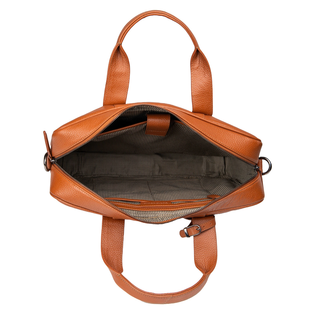 Chris Louis Difa tan full grain genuine hide leather office bag with top handles and laptop compartment.