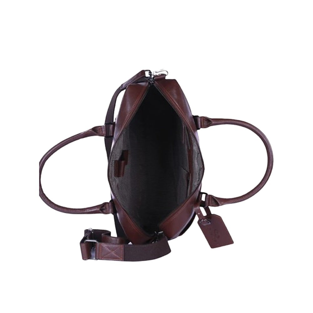 Chris Louis Ephesus office bag in brown full-grain leather with top handles and detachable shoulder strap.