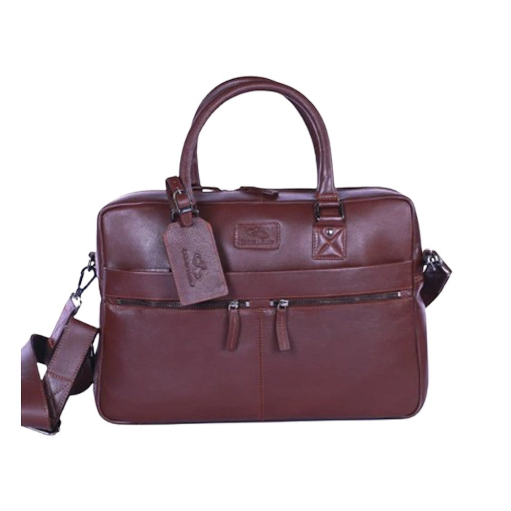 Chris Louis Ephesus brown full-grain leather office bag with top handles and detachable shoulder strap.