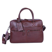 Chris Louis Ephesus brown full-grain leather office bag with top handles and detachable shoulder strap.