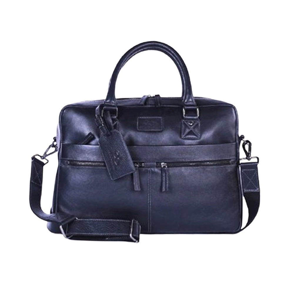 Chris Louis black full-grain leather Ephesus office bag with top handles and detachable shoulder strap.