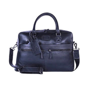 Chris Louis black full-grain leather Ephesus office bag with top handles and detachable shoulder strap.