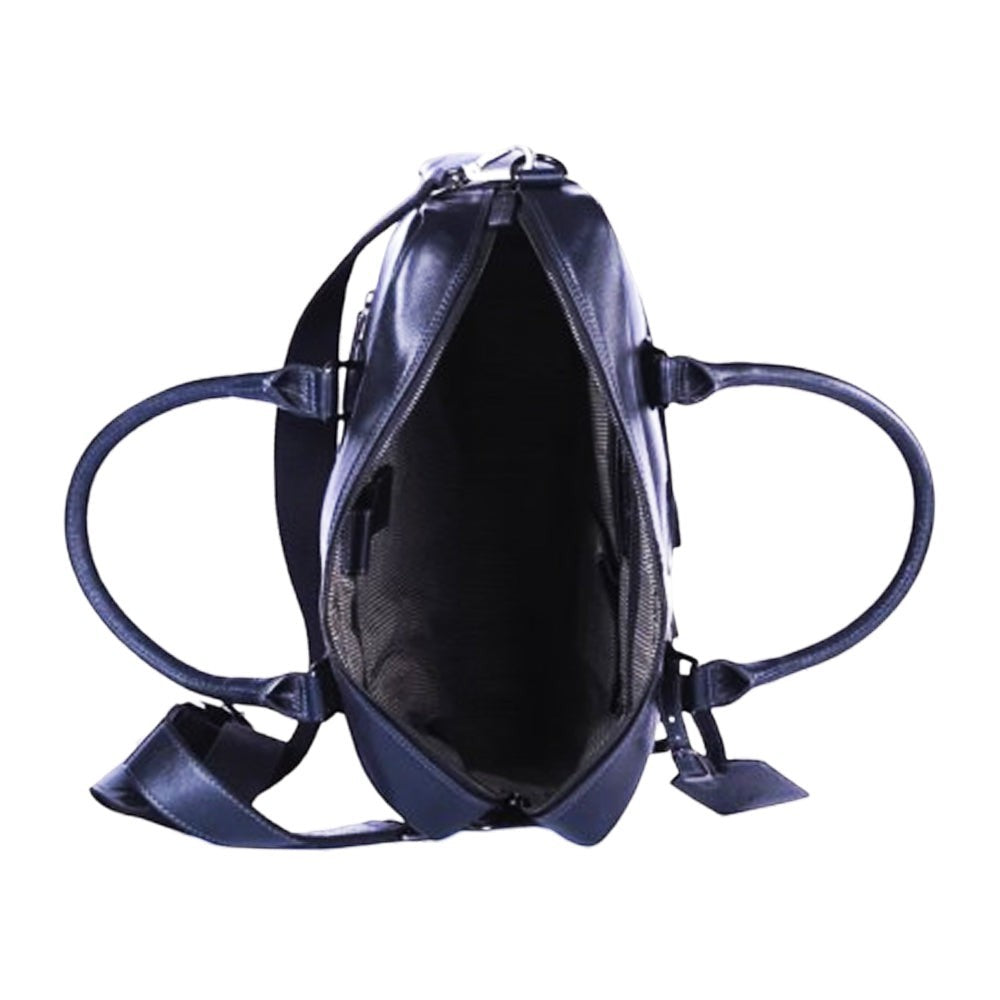 Chris Louis black full-grain leather Ephesus office bag with top handles and detachable shoulder strap.