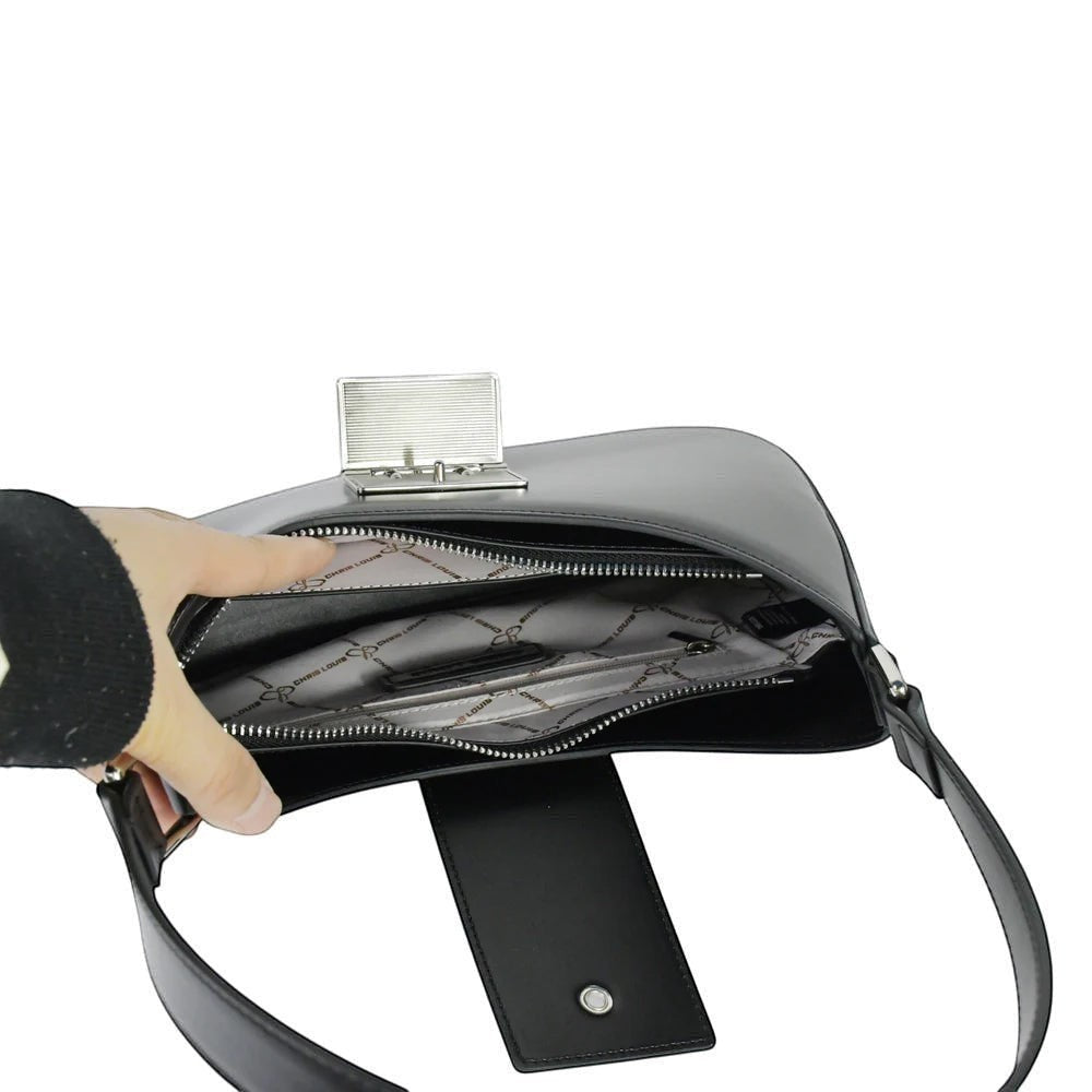 Chris Louis Fiona black faux leather shoulder bag with silver-tone hardware and curved silhouette.