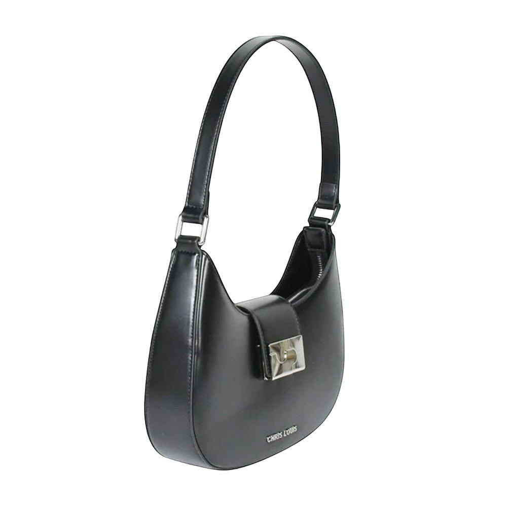 Chris Louis Fiona black faux leather shoulder bag with silver-tone hardware and a curved silhouette.