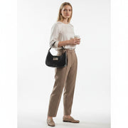 Chris Louis Fiona black faux leather shoulder bag with silver-tone hardware and curved silhouette.