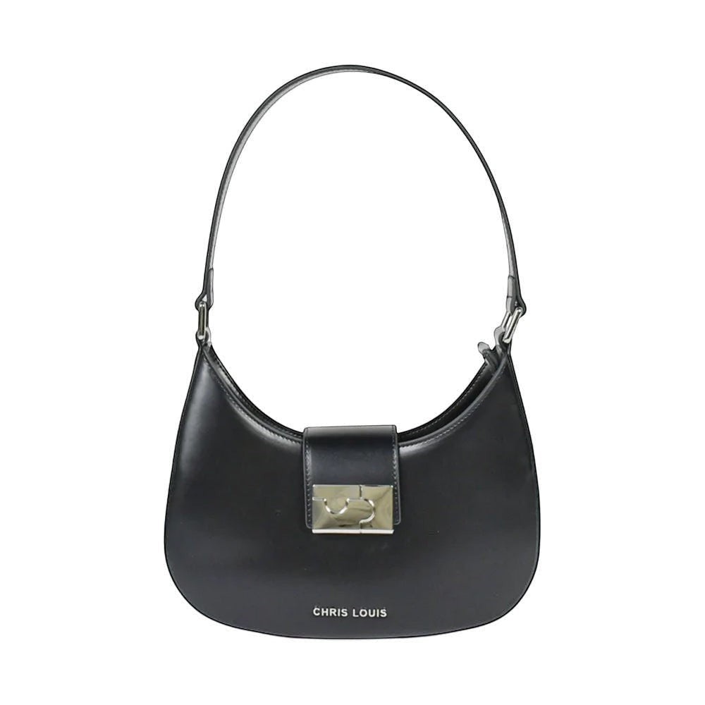 Chris Louis black faux leather Fiona shoulder bag with silver-tone hardware and curved silhouette.