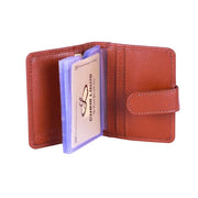 Chris Louis genuine leather card holder in warm brown with multiple clear card sleeves and a snap closure.