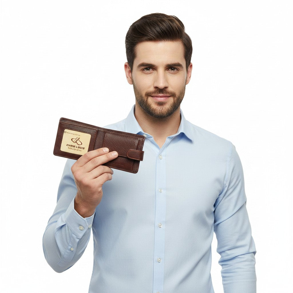 Chris Louis Giza Bifold Tab Wallet in rich brown genuine leather with contrast stitching and snap closure. Features RFID blocking.