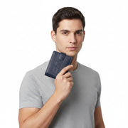 Chris Louis Giza Bifold Tab Wallet in navy blue genuine leather with embossed logo and snap closure.