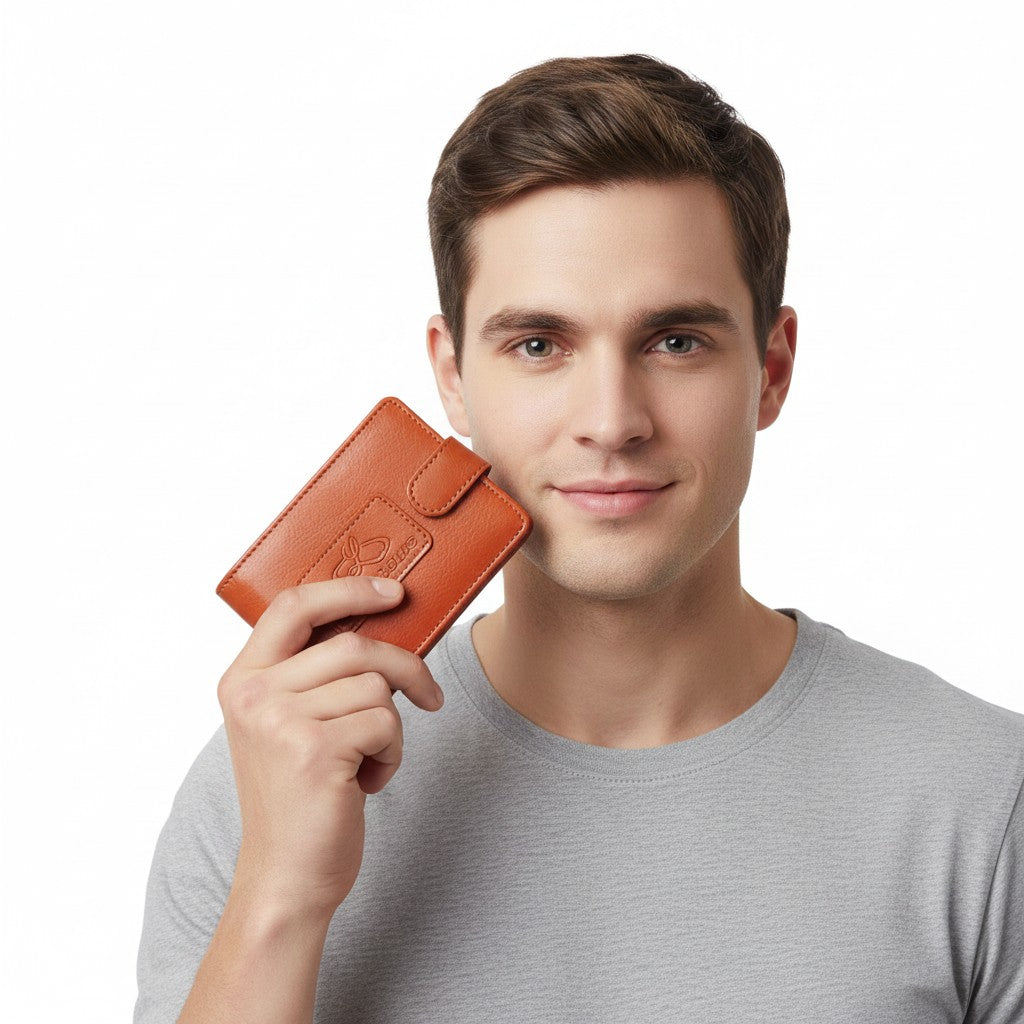 Chris Louis Giza Bifold wallet in warm tan genuine leather with snap closure and embossed logo.