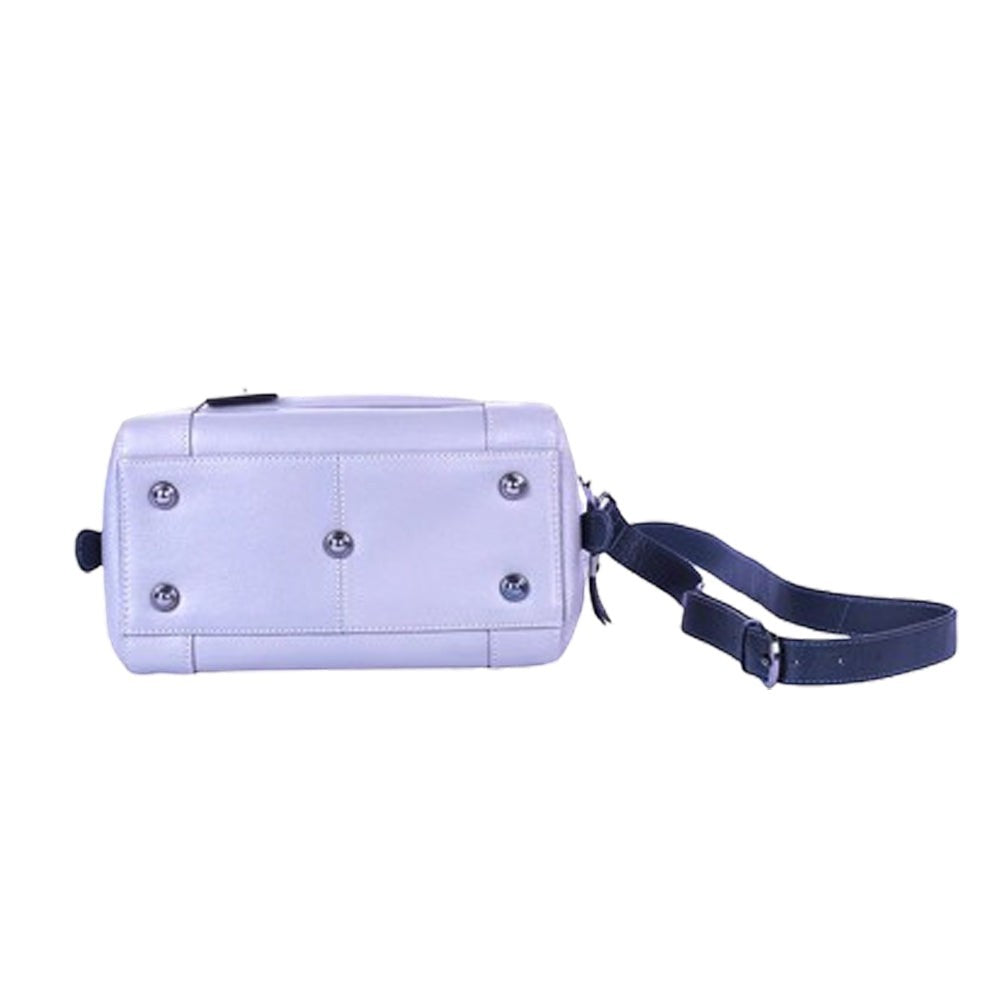 Chris Louis grey and black leather satchel bag with top handle and detachable shoulder strap.