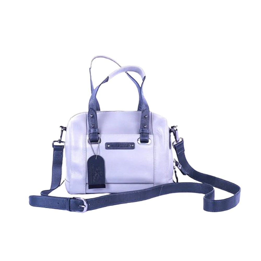 Chris Louis grey and black leather satchel bag with top handles and detachable shoulder strap.